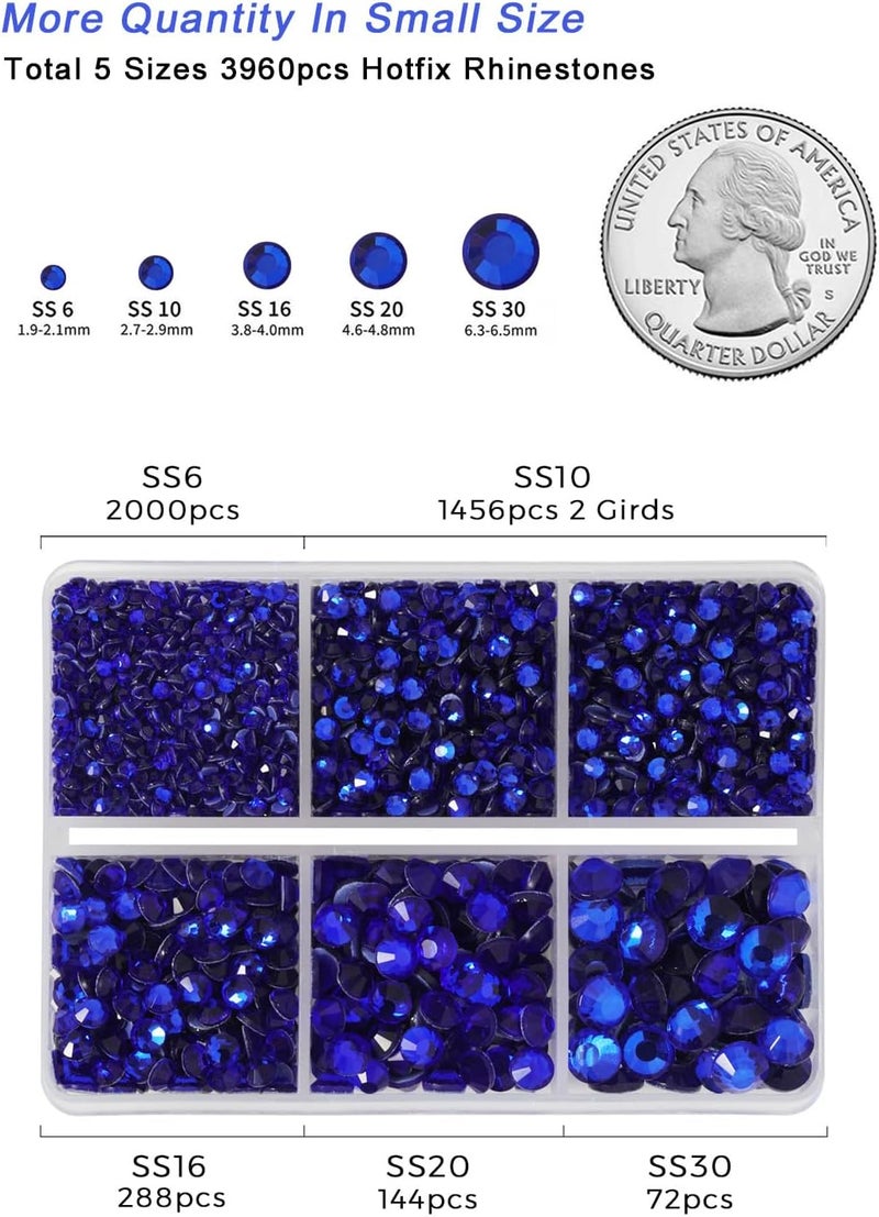 BEADSLAND حجر الراين الساخن 3960 قطعة، حجر الراين الأزرق الداكن للملابس، مجموعة كريستالات حجر الراين الساخن مع ملقط وقلم شمع، مختلط 5 أحجام، SS6-SS30، ياقوتي - Image 4